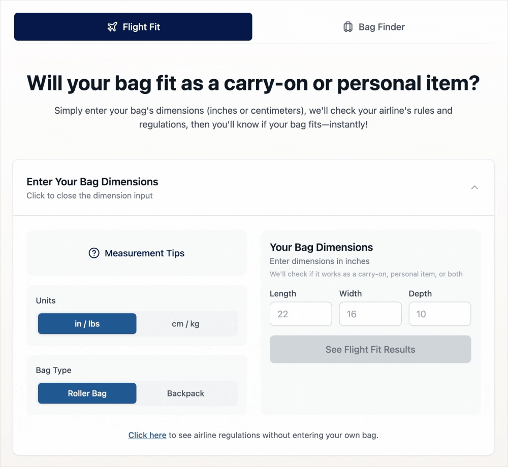 Carry On Tool - Will my bag fit Application - Live view of using the User Interface